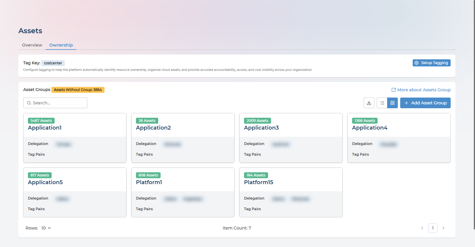Assets Ownership tab showing the governing tag key and the asset groups as cards with their asset counts and delegates
