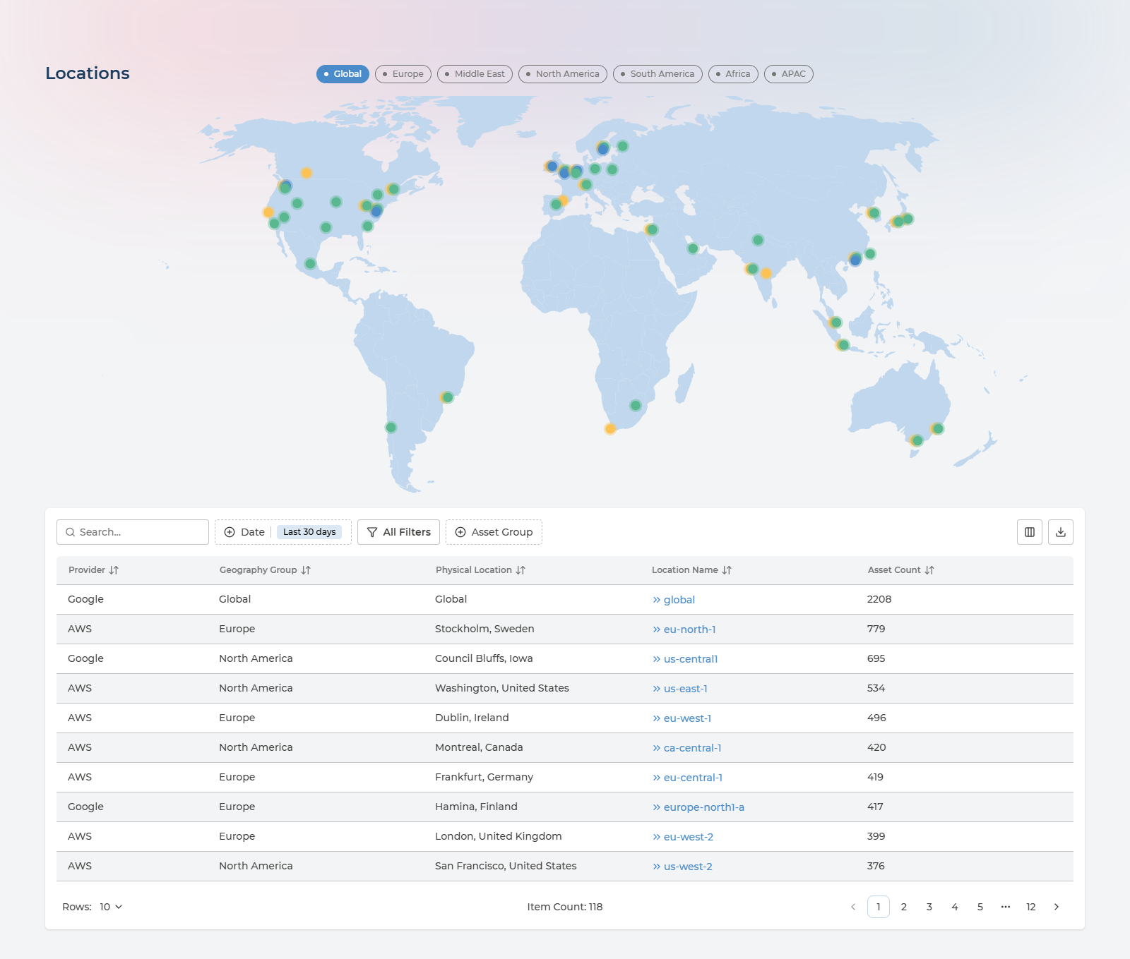Locations page with region buttons, world map and regions table
